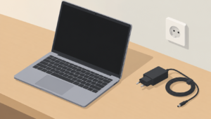 Portátil abierto con la pantalla apagada sobre una mesa de madera junto a su cargador desenchufado